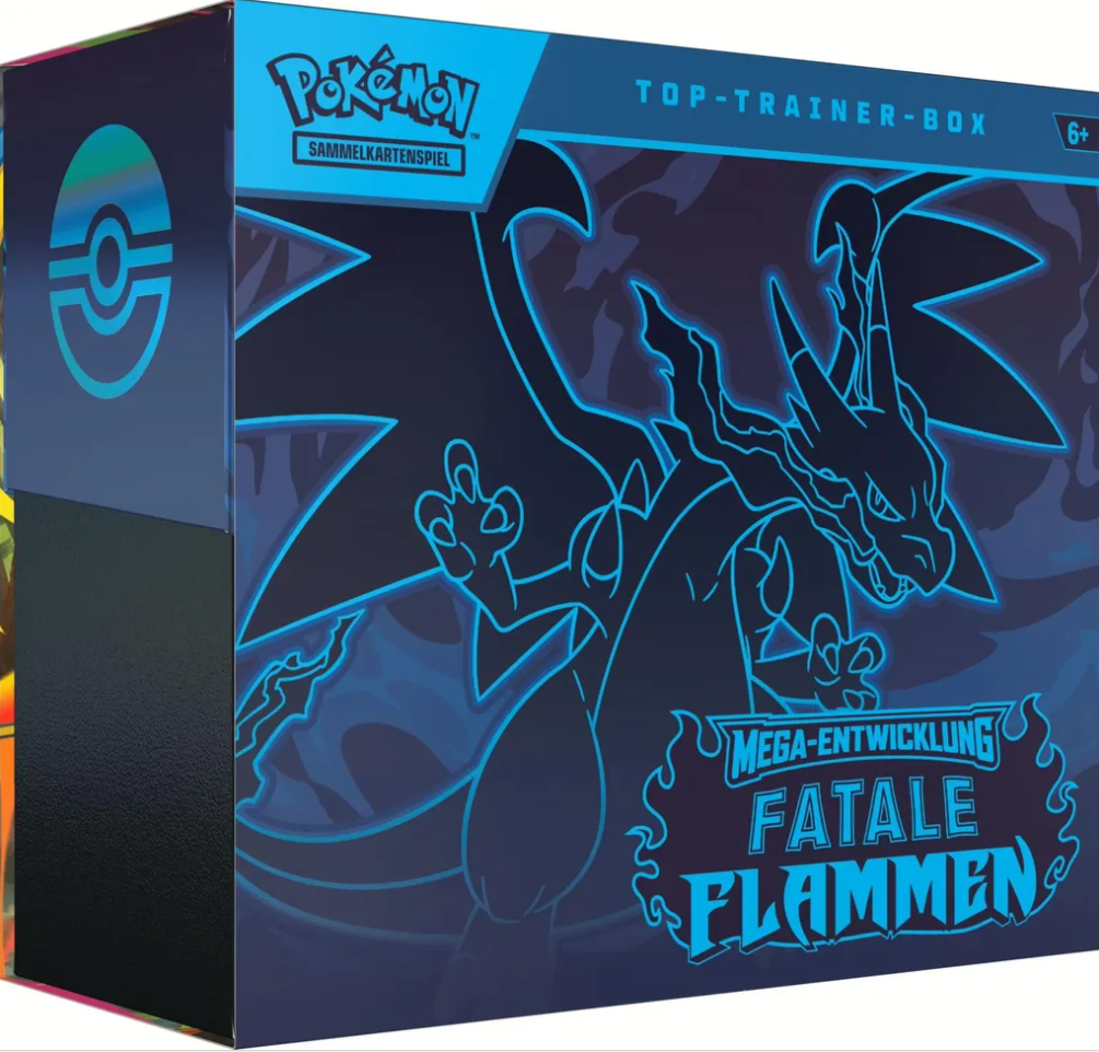 Pokémon Mega‑Entwicklung ME02 – Fatale Flammen Top‑Trainer‑Box | 9 Booster + Exklusive Promokarte + Zubehör