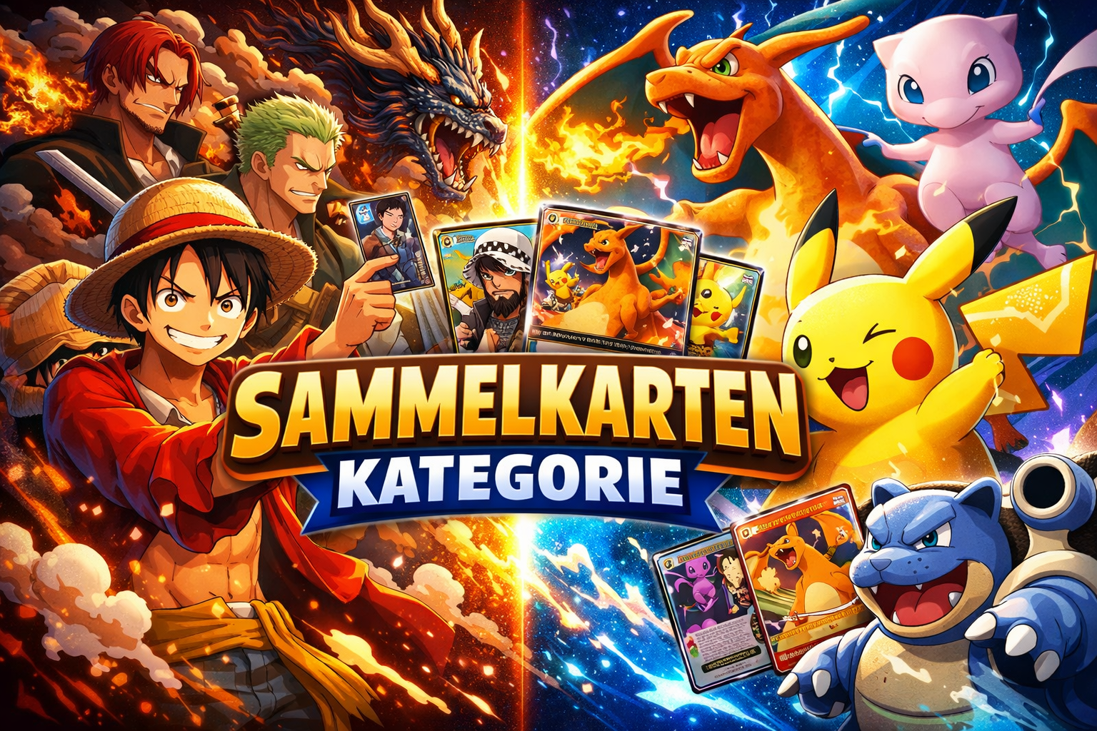 Sammelkarten Kategorie Banner mit One Piece Trading Cards und Pokémon Karten – Anime- und TCG-Motive für Sammler im Online-Shop.
