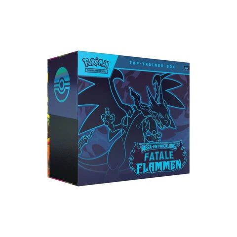 Pokémon Mega‑Entwicklung ME02 – Fatale Flammen Top‑Trainer‑Box | 9 Booster + Exklusive Promokarte + Zubehör